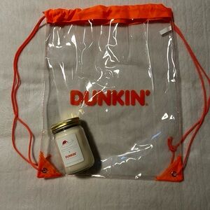 Clear with orange Dunkin bag with Peppermint Mocha Latte candle. Brand new.